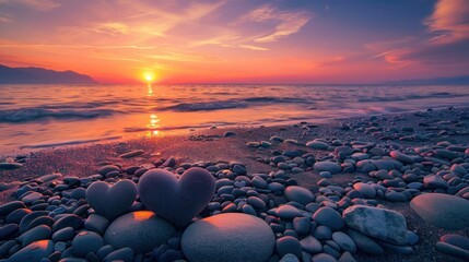 photograph of Glowing heart shaped stones on coastline, sunset over the sea. Valentines day, love, romance concept wide angle lens