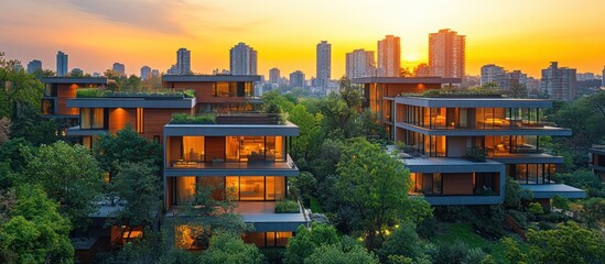 Obraz premium Sunset view of modern residential buildings with green roofs nestled in lush greenery, overlooking a cityscape.