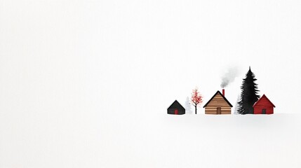 Fototapeta premium Minimalist winter village, small wooden houses, red and brown cabins, pine tree, snowy landscape, tranquil natural setting, serene atmosphere, copy space for text, vibrant accents