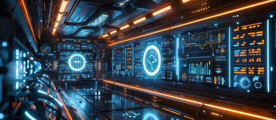 Futuristic sci fi cyberpunk style control panel or dashboard interface with holographic displays neon lighting and digital data visualization  Concept image for advanced intelligence