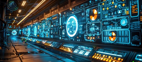 Detailed view of an intricate futuristic digital control console with radar displays HUD interfaces and complex electronic panels