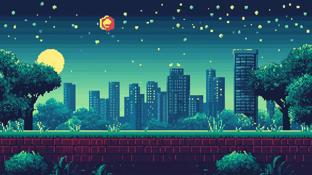Pixel art landscape battle arena. Game background with vintage animation scene for 8 bit arcade games. Retro pixelated playing view. Vector illustration environment for video game banner promotion.