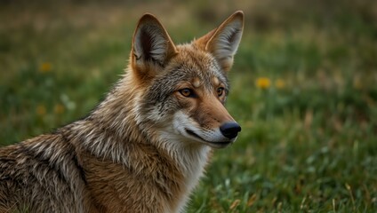 Obraz premium Close-up portrait of a coyote relishing serenity in the grass.