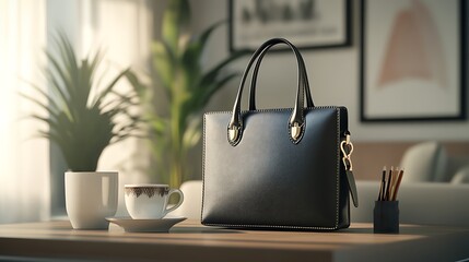 Elegant handbag and coffee up placed on wooden table image