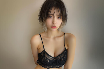 Fototapeta premium ショートヘアと黒い下着姿の美人 美容