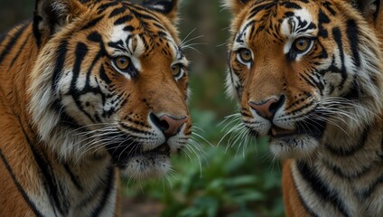 Fototapeta premium Close-up portrait of two Amur tigers.