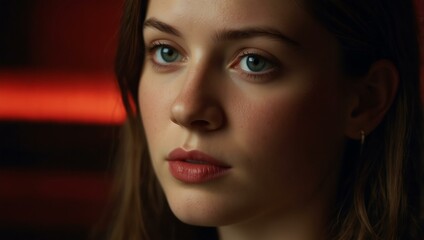 Fototapeta premium Close-up portrait with dramatic red light stripes and thoughtful expression.