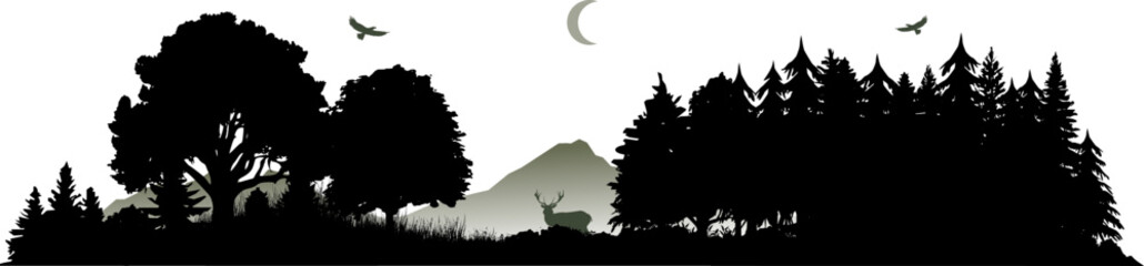 Obraz premium Landschaft mit Bäumen Bergen Tannen und Hirsch