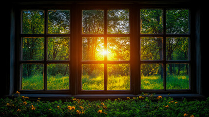 Sunlight filters through a rustic window, illuminating a lush green field with flowers at golden hour, creating a serene and peaceful atmosphere