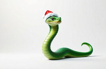 Fototapeta premium The Year of the Green Snake. Happy Lunar New Year 2025 greeting card. A snake in a Santa Claus hat on white background. Poster for December holidays. New Year's Eve Promotion banner