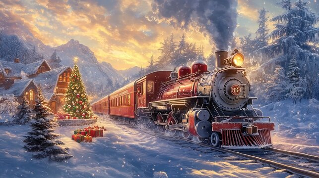 Amidst the wintry wonderland, the Christmas Express chugs along, laden with presents, heralding the holiday cheer. 