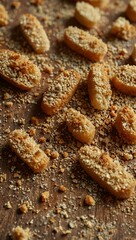 Close-up view of breadcrumbs on a textured background.