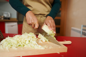 Person chopping fresh cabbage on wooden cutting board
