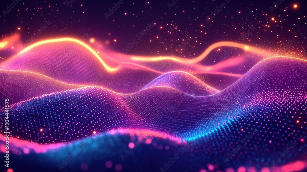 Poster Abstract digital landscape. Futuristic tech waves with neon lines and glowing particles. Dynamic mesh design pattern. Innovative virtual world. Vibrant colors. Vivid abstract illustration.