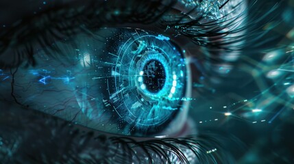 photograph of Human eye with a captivating blue tech data visualization concept, Abstract digital eye on dark background. Futuristic cyber security technology concept wide angle lens