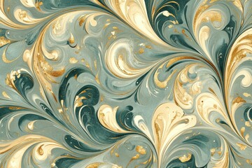 Abstract swirling pattern with gold accents on a teal background.