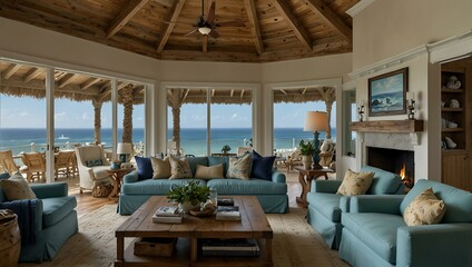 Fototapeta premium Coastal living room with ocean view