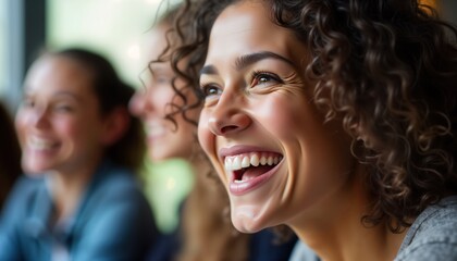 Obraz premium Close-up photo of woman laughing joyfully. Surrounded by women also happy. Woman looking up, smiling widely, enjoying moment of fun, friendship. Photo conveys joy, happiness, connection. People