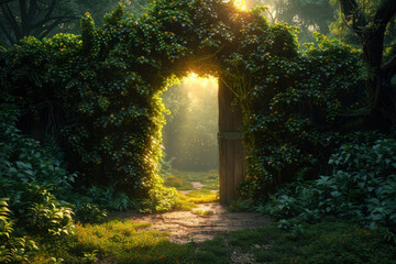 Obraz premium Mysterious gate sunny entrance. New life or beginning concept,. 
