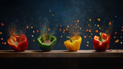   A group of colorful peppers arranged on a wooden board and generously spiced with flavor, surrounded by festive confetti