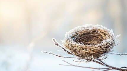   Close-up of bird's nest on tree branch with frost on top
