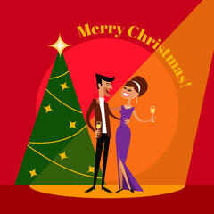 Happy woman and man with champagne and Christmas Tree. Merry Xmas Holiday Party. Characters Celebrating New Year. Vector illustration
