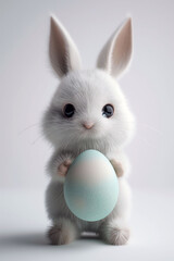 Fototapeta premium Cute white bunny holding a pastel Easter egg against a clean background