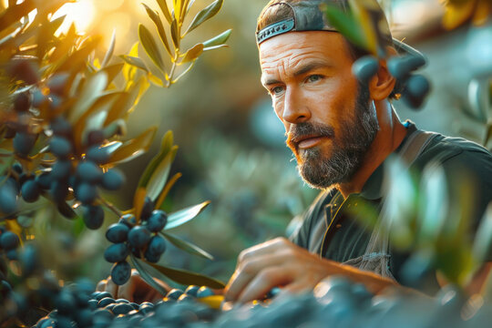 Farmer picks and harvests olives at an olive farm. ,.     
