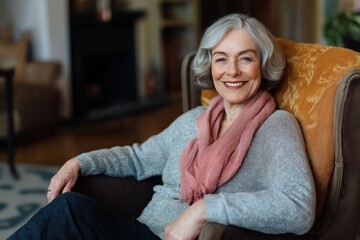 Obraz premium Senior woman resting happily in armchair. Smiling at camera. Cozy living room interior. Relaxed atmosphere. Ideal for showcasing senior well-being, comfortable living, or interior design concepts.