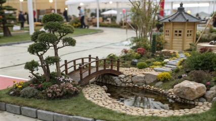Fototapeta premium Miniature garden with wooden bridge and pond in Japanese style landscape