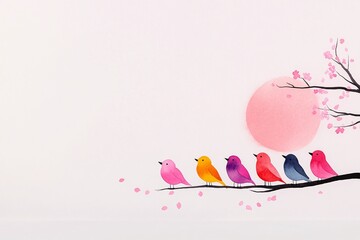 Beautiful Illustration of Birds Perched on Blossom Tree Branch with Pink Sunset Background and Cherry Blossom Petals