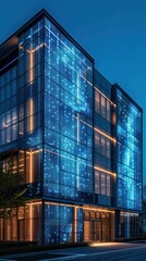Illuminated modern glass and steel corporate office building with sleek angular facade in the downtown city skyline at night  Bright LED and neon lights create a dynamic