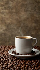 Obraz premium Coffee cup surrounded by coffee beans.