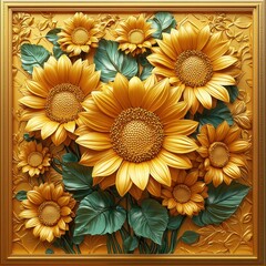 A vibrant arrangement of sunflowers in a decorative frame, showcasing rich golden hues and lush green leaves, Ideal for home decor, floral arrangements, or nature-themed design projects,