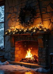 A cozy fireplace with a mantel decorated with  Christmas ornaments and  candles, in front of a  snowy winter landscape visible through a  window, a christmas present near the fireplace