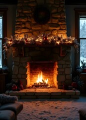 A cozy fireplace with a mantel decorated with  Christmas ornaments and  candles, in front of a  snowy winter landscape visible through a  window, a christmas present near the fireplace