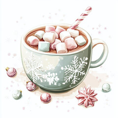 Watercolor Christmas cup of cocoa with marshmallow and christmas decorations