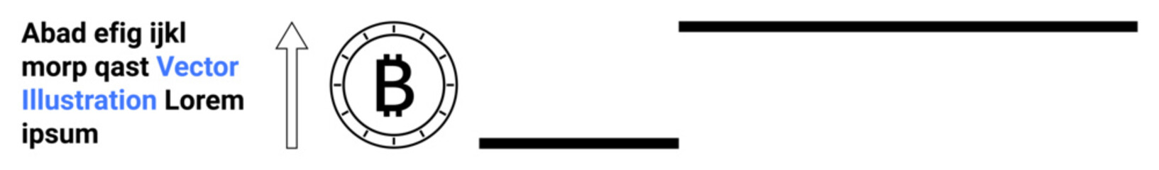 Bitcoin coin surrounded by a rising arrow. Placeholder text elements on the left side. Ideal for cryptocurrency, finance, investment, digital currency, economics, blockchain, and trading concepts
