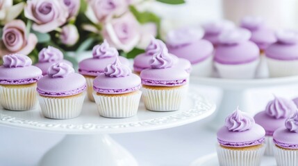 Elegant pastel dessert table featuring lavender macarons and blush pink cupcakes
