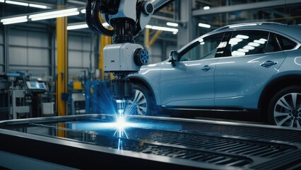 Fototapeta premium An industrial robot in action, welding metal in a large futuristic factory with bright sparks, representing innovation, robotics, and state-of-the-art manufacturing technologies