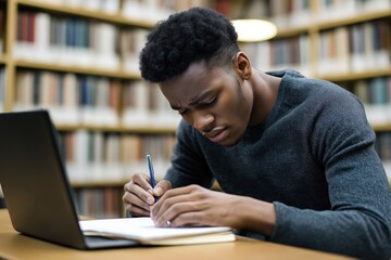 Black student studying hard in library. Tired student writing in notebook front of laptop. Academic challenges are visible. College library setting. Focus on hard work and stress.
