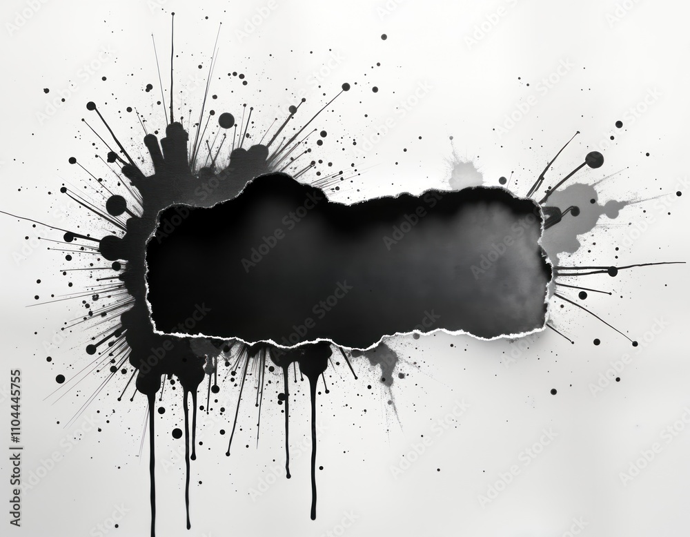 Poster black and white cardboard scraps form a ripped out hole on white background. ink blots and splatters