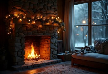A cozy fireplace with a mantel decorated with  Christmas ornaments and  candles, in front of a  snowy winter landscape visible through a  window, a christmas present near the fireplace