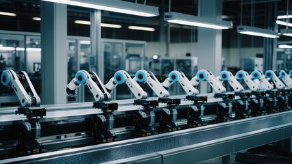 Fototapeta premium Close-up of a robotic arm performing automated welding in an advanced production line, emphasizing efficiency, high-tech engineering, and industrial automation