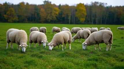 Fototapeta premium A serene landscape showcasing a flock of sheep grazing on lush green grass, set against a backdrop of autumn trees, Ideal for agriculture, farming, or nature-related themes in publications,