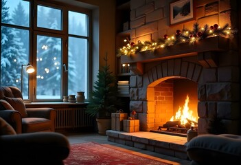 A cozy fireplace with a mantel decorated with  Christmas ornaments and  candles, in front of a  snowy winter landscape visible through a  window, a christmas present near the fireplace