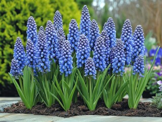 Vibrant blue flowers bloom abundantly in a lush garden setting, surrounded by green foliage, creating a serene and inviting atmosphere, Ideal for nature-themed projects, gardening articles