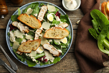 Tasty Caesar salad with chicken served on wooden table, flat lay