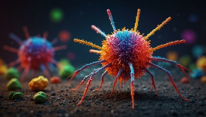 Colorful 3D rendering of a bacteriophage.