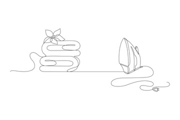 Electric iron drawn in a continuous line in minimalism style, household appliances, household assistant, ironed linen, in one line, editable vector contour.